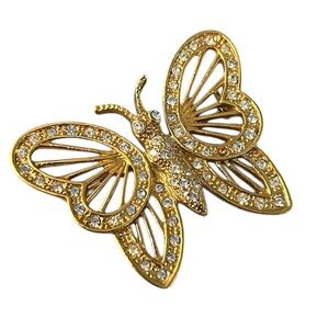 Butterfly Brooch Designed by ROMAN goldtone with clear rhinestones vintage 80s